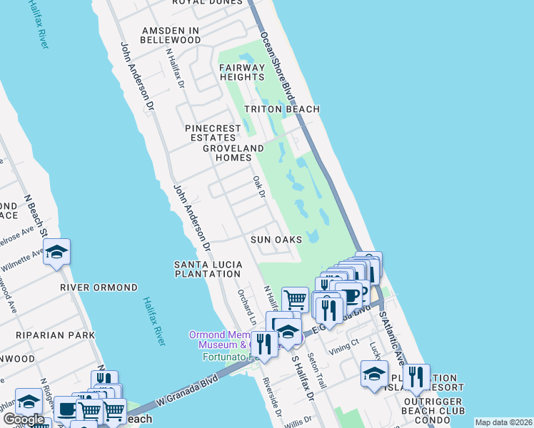 map of restaurants, bars, coffee shops, grocery stores, and more near 230 Oak Drive in Ormond Beach