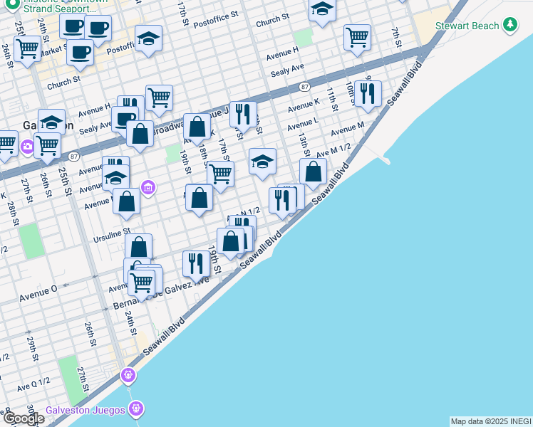 map of restaurants, bars, coffee shops, grocery stores, and more near 1612 16th Street in Galveston