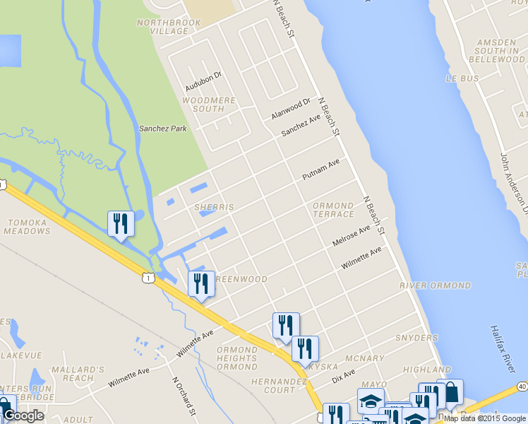map of restaurants, bars, coffee shops, grocery stores, and more near 514 McIntosh Road in Ormond Beach