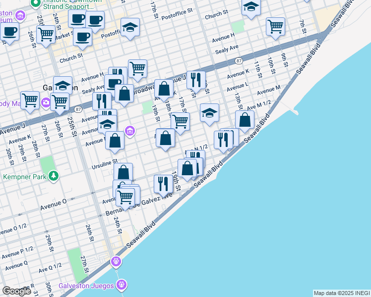 map of restaurants, bars, coffee shops, grocery stores, and more near 1705 Avenue North 1/2 in Galveston