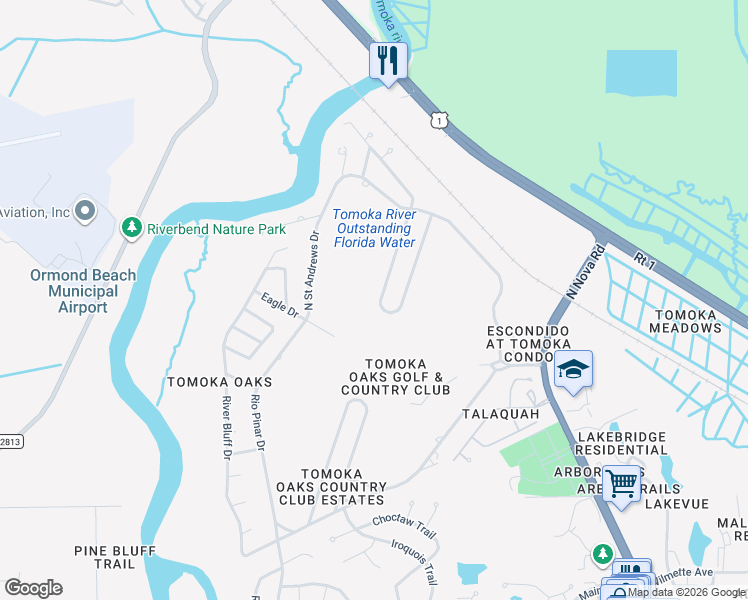 map of restaurants, bars, coffee shops, grocery stores, and more near 34 Pine Valley Circle in Ormond Beach
