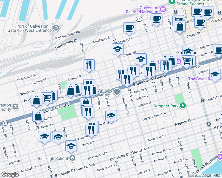 map of restaurants, bars, coffee shops, grocery stores, and more near 3502 Texas 87 in Galveston