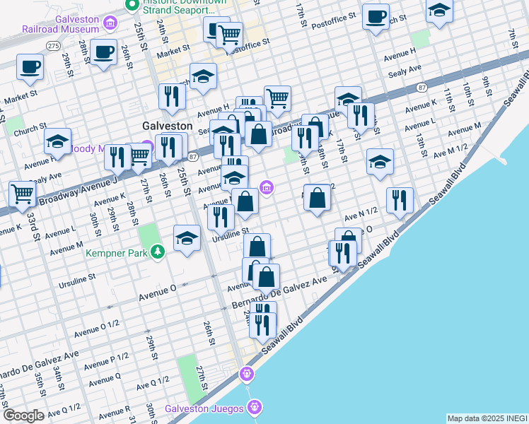 map of restaurants, bars, coffee shops, grocery stores, and more near 1409 22nd Street in Galveston