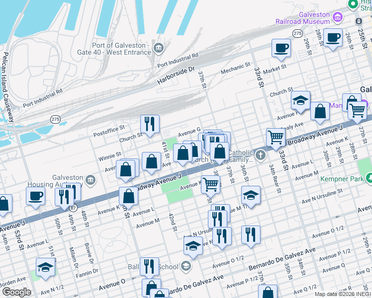 map of restaurants, bars, coffee shops, grocery stores, and more near 810 40th Street in Galveston