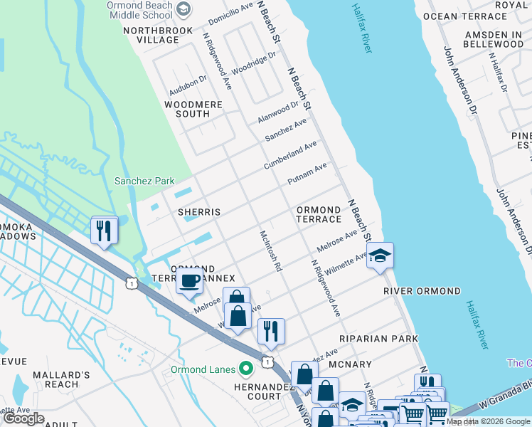 map of restaurants, bars, coffee shops, grocery stores, and more near 155 Warwick Avenue in Ormond Beach
