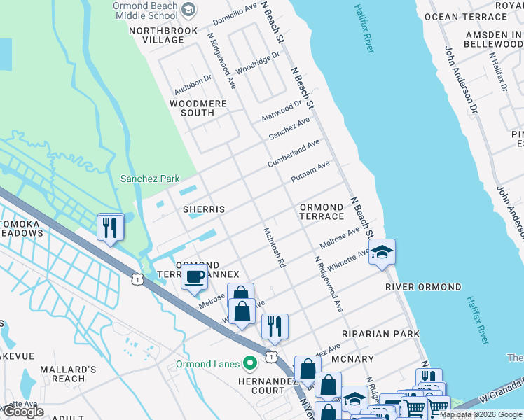 map of restaurants, bars, coffee shops, grocery stores, and more near 155 Warwick Avenue in Ormond Beach