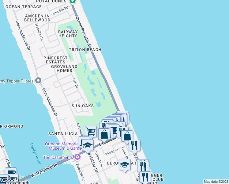 map of restaurants, bars, coffee shops, grocery stores, and more near 201 Ocean Shore Boulevard in Ormond Beach