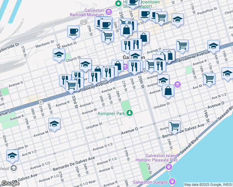 map of restaurants, bars, coffee shops, grocery stores, and more near 1119 28th Street in Galveston