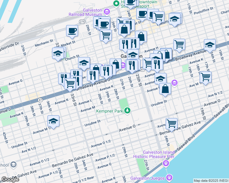map of restaurants, bars, coffee shops, grocery stores, and more near 1115 28th Street in Galveston