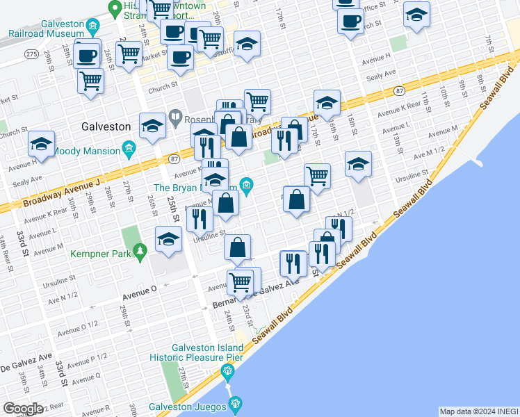 map of restaurants, bars, coffee shops, grocery stores, and more near 2024 Avenue N in Galveston