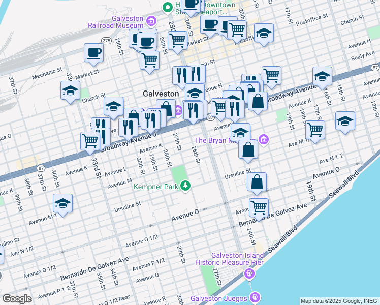 map of restaurants, bars, coffee shops, grocery stores, and more near 2609 Avenue L in Galveston