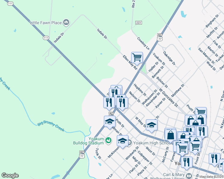 map of restaurants, bars, coffee shops, grocery stores, and more near 111 Thiele Drive in Yoakum