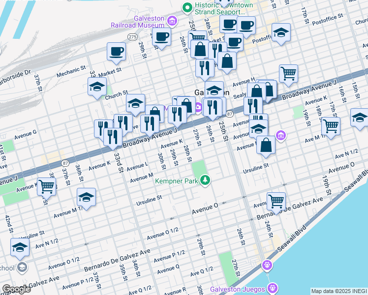 map of restaurants, bars, coffee shops, grocery stores, and more near 1113 28th Street in Galveston