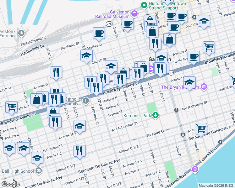 map of restaurants, bars, coffee shops, grocery stores, and more near 1014 31st Street in Galveston