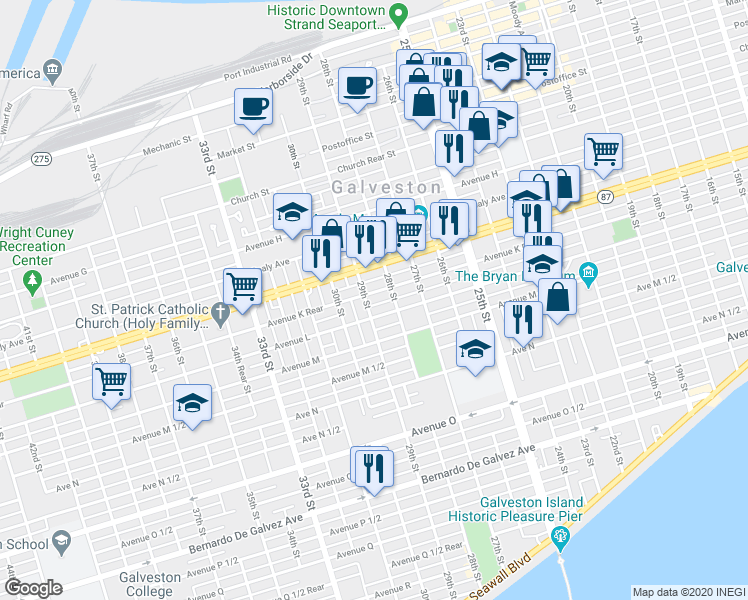 map of restaurants, bars, coffee shops, grocery stores, and more near 2904 Avenue L in Galveston