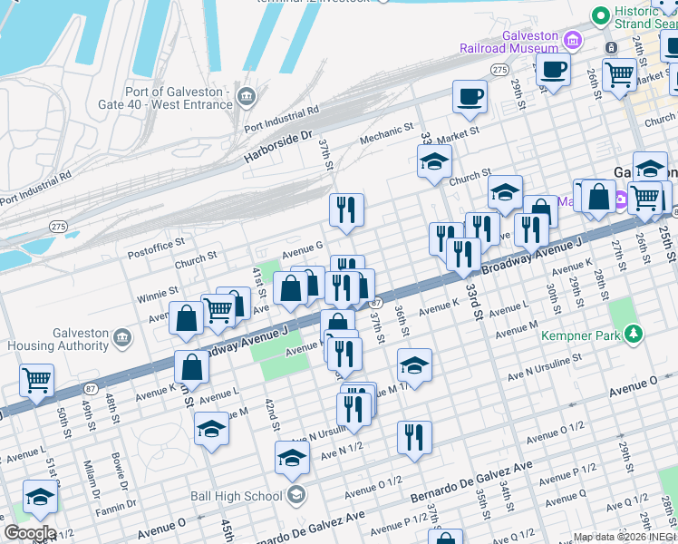 map of restaurants, bars, coffee shops, grocery stores, and more near 3717 Sealy Avenue in Galveston