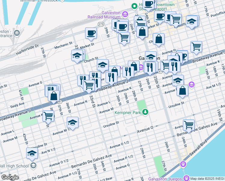 map of restaurants, bars, coffee shops, grocery stores, and more near 1111 30th Street in Galveston
