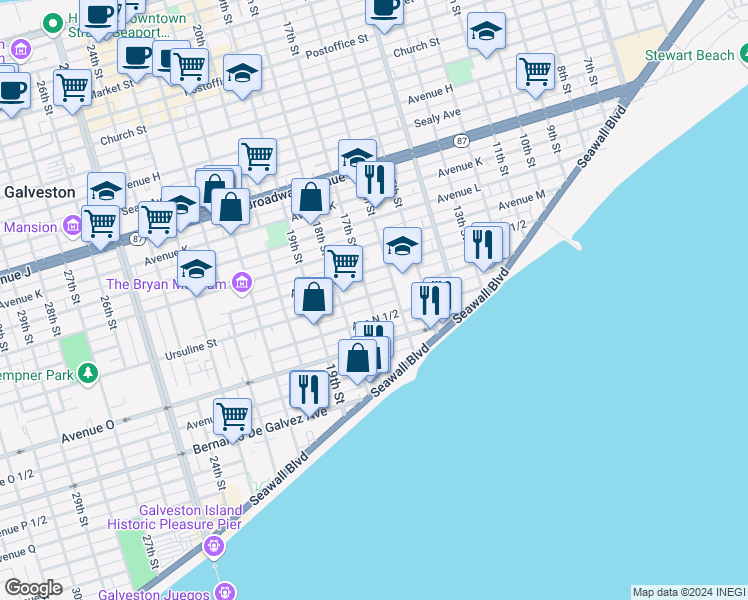 map of restaurants, bars, coffee shops, grocery stores, and more near 1502 17th Street in Galveston