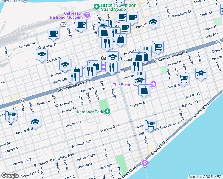 map of restaurants, bars, coffee shops, grocery stores, and more near 2605 Avenue K in Galveston