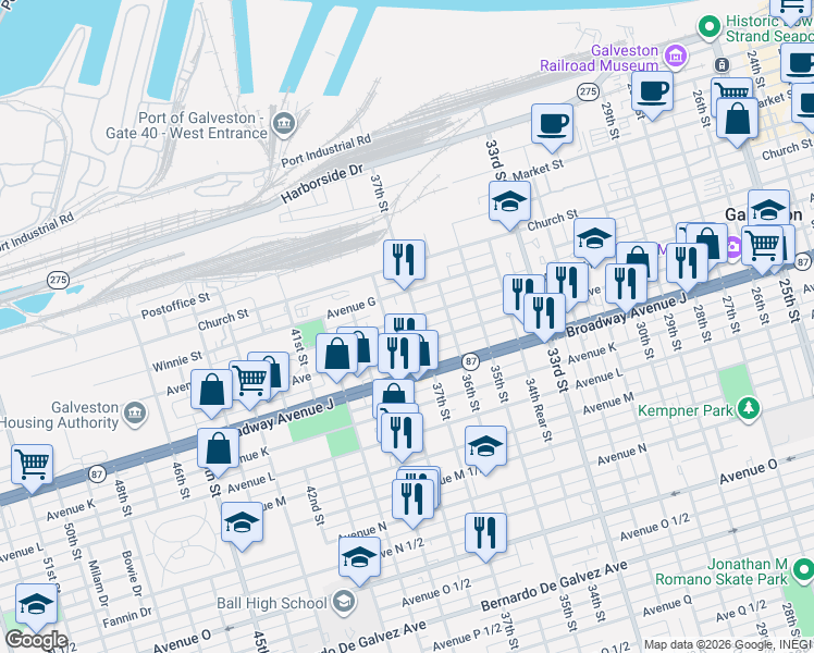 map of restaurants, bars, coffee shops, grocery stores, and more near 713 37th Street in Galveston