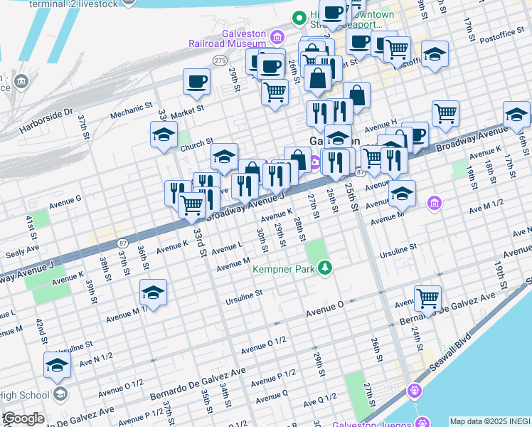 map of restaurants, bars, coffee shops, grocery stores, and more near 2823 Broadway Avenue J in Galveston