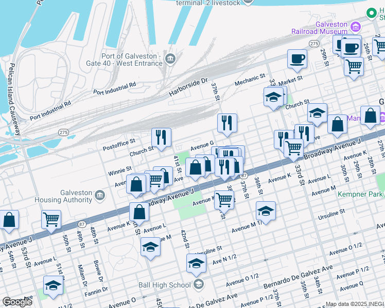 map of restaurants, bars, coffee shops, grocery stores, and more near 3916 Winnie Street in Galveston