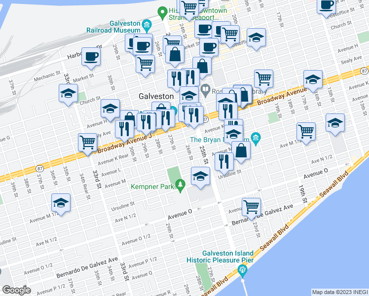 map of restaurants, bars, coffee shops, grocery stores, and more near 2606 Avenue L in Galveston