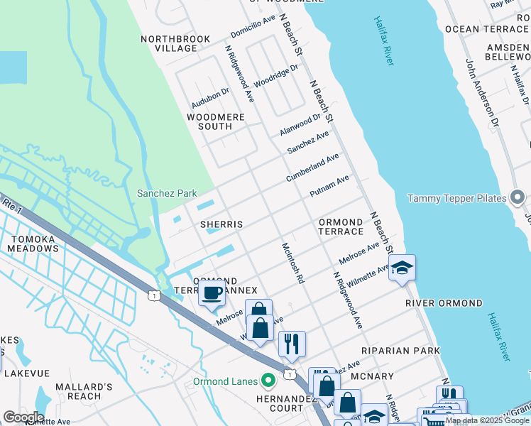 map of restaurants, bars, coffee shops, grocery stores, and more near 548 McIntosh Road in Ormond Beach