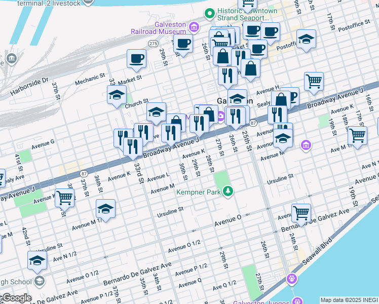 map of restaurants, bars, coffee shops, grocery stores, and more near 1019 29th Street in Galveston