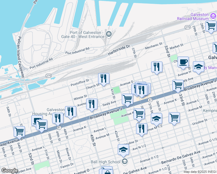 map of restaurants, bars, coffee shops, grocery stores, and more near 4101 Church Street in Galveston