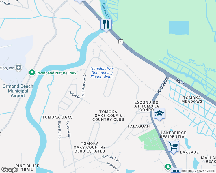 map of restaurants, bars, coffee shops, grocery stores, and more near 44 Pine Valley Circle in Ormond Beach