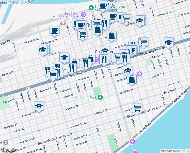 map of restaurants, bars, coffee shops, grocery stores, and more near in Galveston