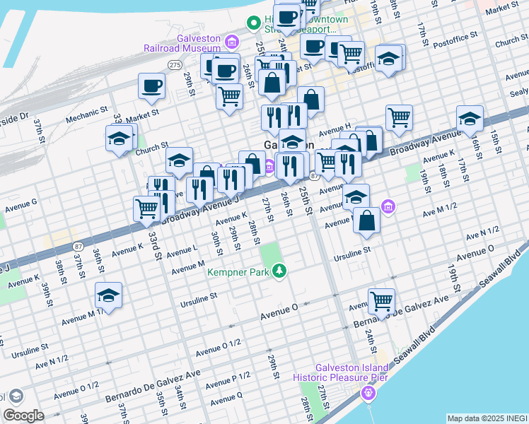 map of restaurants, bars, coffee shops, grocery stores, and more near 2711 Avenue K in Galveston