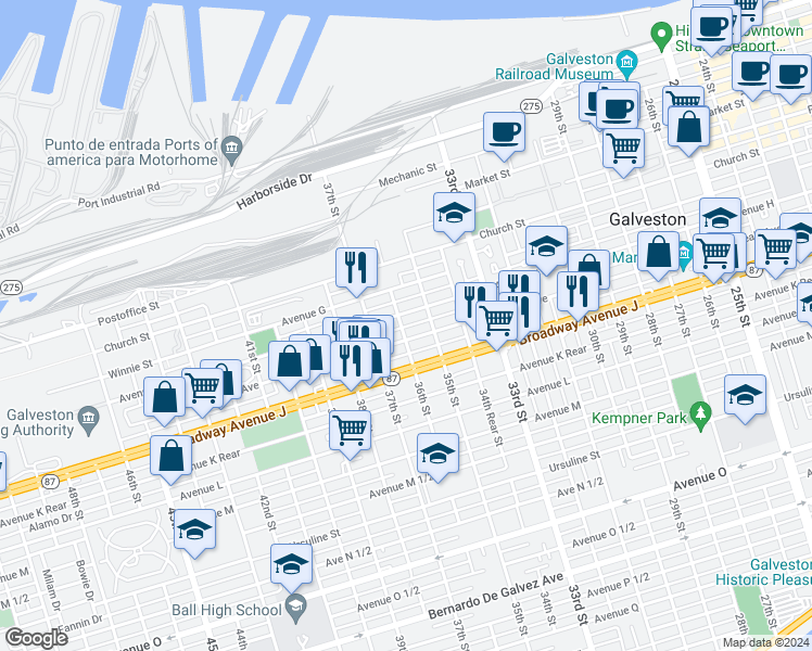 map of restaurants, bars, coffee shops, grocery stores, and more near 812 36th Street in Galveston