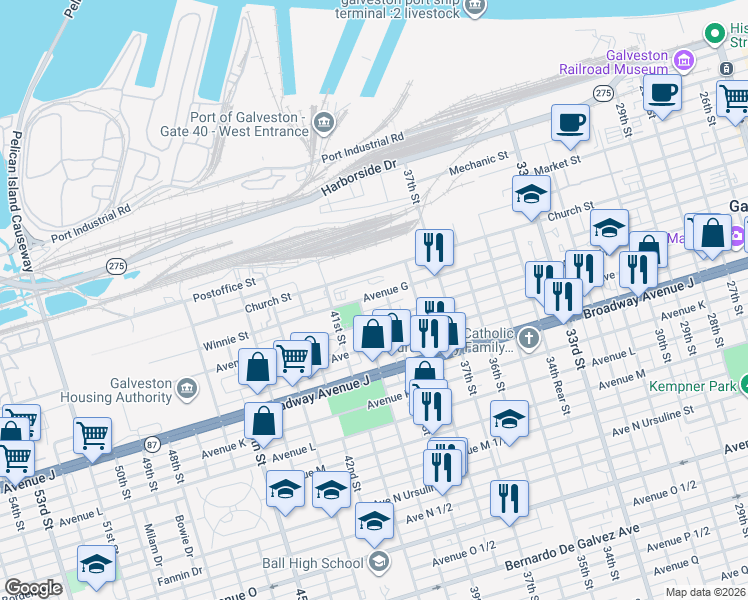 map of restaurants, bars, coffee shops, grocery stores, and more near 3916 Winnie Street in Galveston