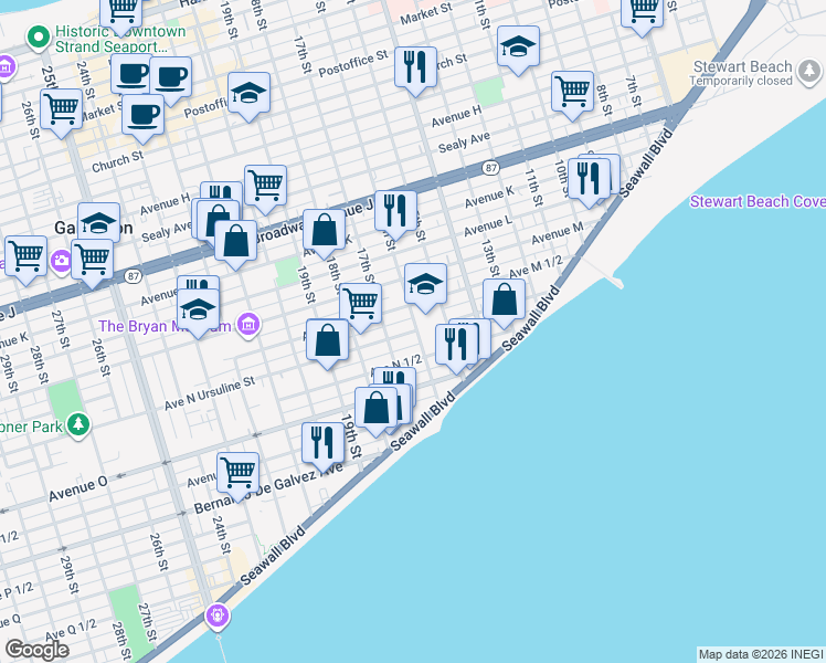 map of restaurants, bars, coffee shops, grocery stores, and more near 1514 Avenue North 1/2 in Galveston
