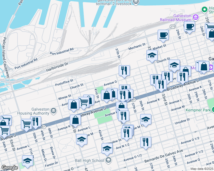 map of restaurants, bars, coffee shops, grocery stores, and more near 3916 Winnie Street in Galveston