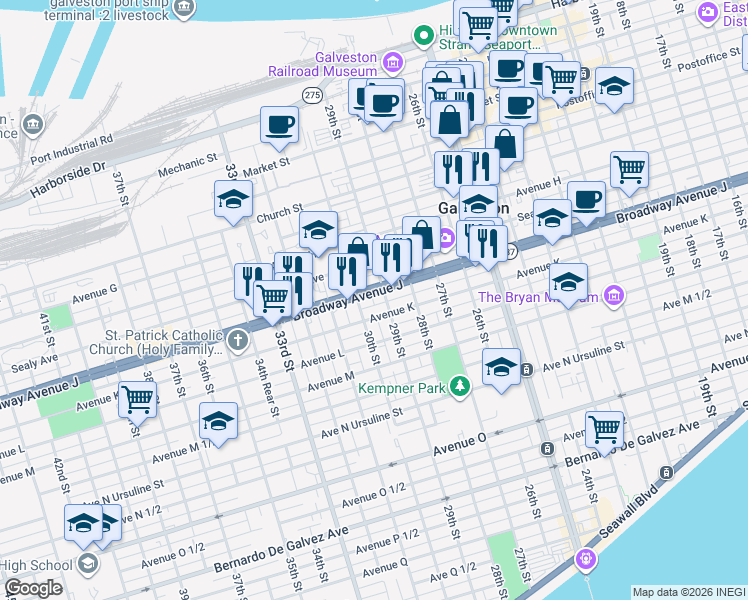 map of restaurants, bars, coffee shops, grocery stores, and more near 2928 Broadway Avenue J in Galveston