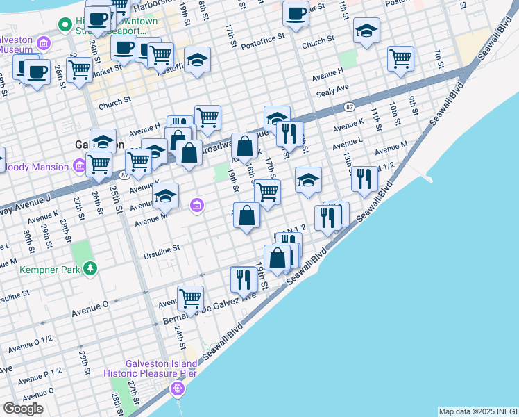 map of restaurants, bars, coffee shops, grocery stores, and more near 1801 1/2 Avenue M in Galveston