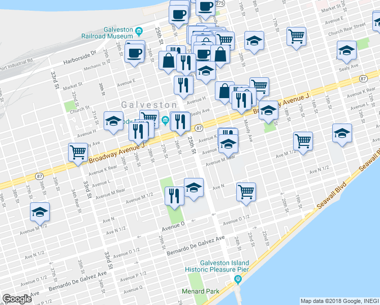 map of restaurants, bars, coffee shops, grocery stores, and more near 1109 Rosenberg Street in Galveston