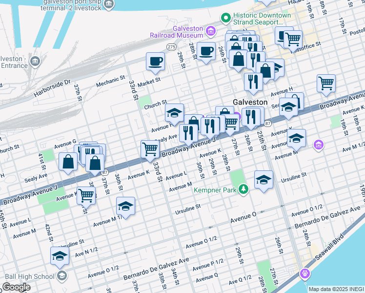 map of restaurants, bars, coffee shops, grocery stores, and more near Broadway Avenue J in Galveston