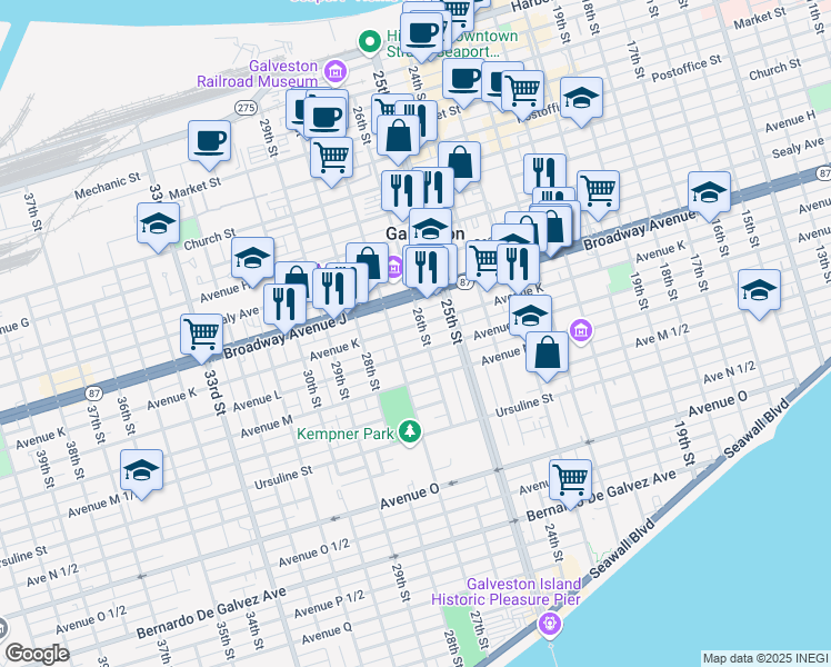 map of restaurants, bars, coffee shops, grocery stores, and more near 2605 Avenue K in Galveston