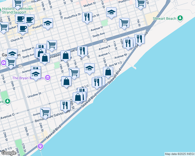 map of restaurants, bars, coffee shops, grocery stores, and more near 1419 Avenue N in Galveston