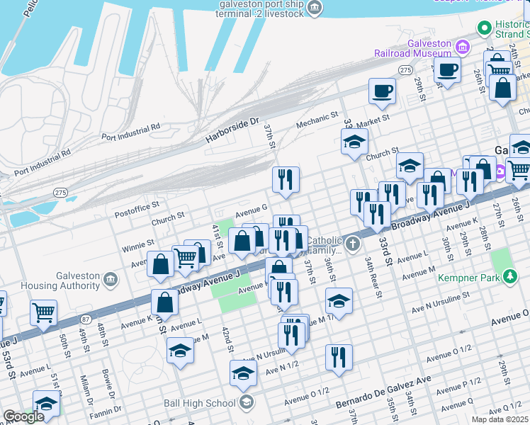 map of restaurants, bars, coffee shops, grocery stores, and more near 3809 Winnie Street in Galveston