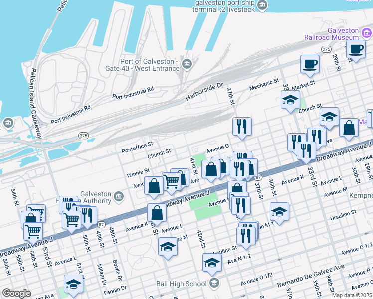 map of restaurants, bars, coffee shops, grocery stores, and more near 4101 Church Street in Galveston