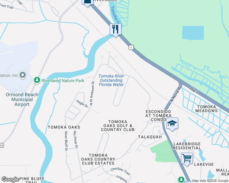 map of restaurants, bars, coffee shops, grocery stores, and more near 44 Pine Valley Cir in Ormond Beach