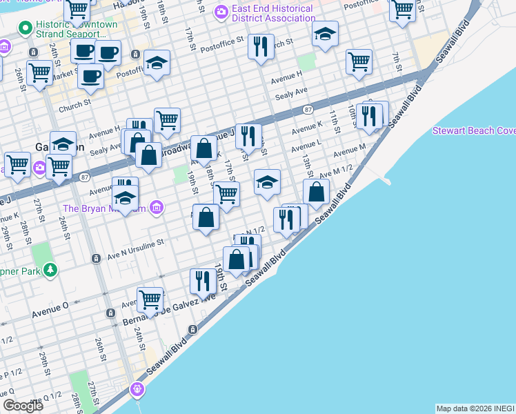 map of restaurants, bars, coffee shops, grocery stores, and more near 1514 Avenue North 1/2 in Galveston