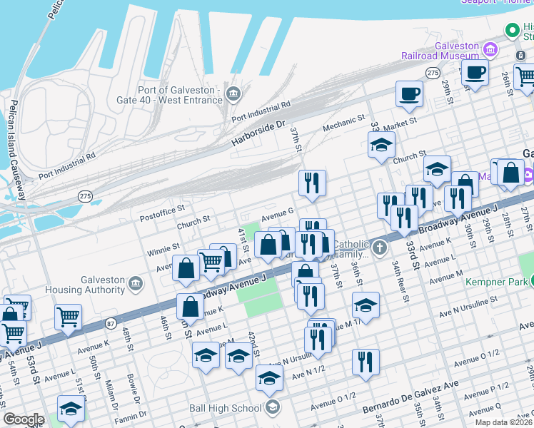 map of restaurants, bars, coffee shops, grocery stores, and more near 3916 Winnie Street in Galveston
