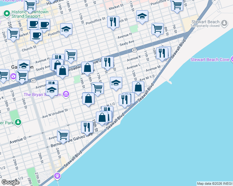 map of restaurants, bars, coffee shops, grocery stores, and more near 1514 Avenue North 1/2 in Galveston