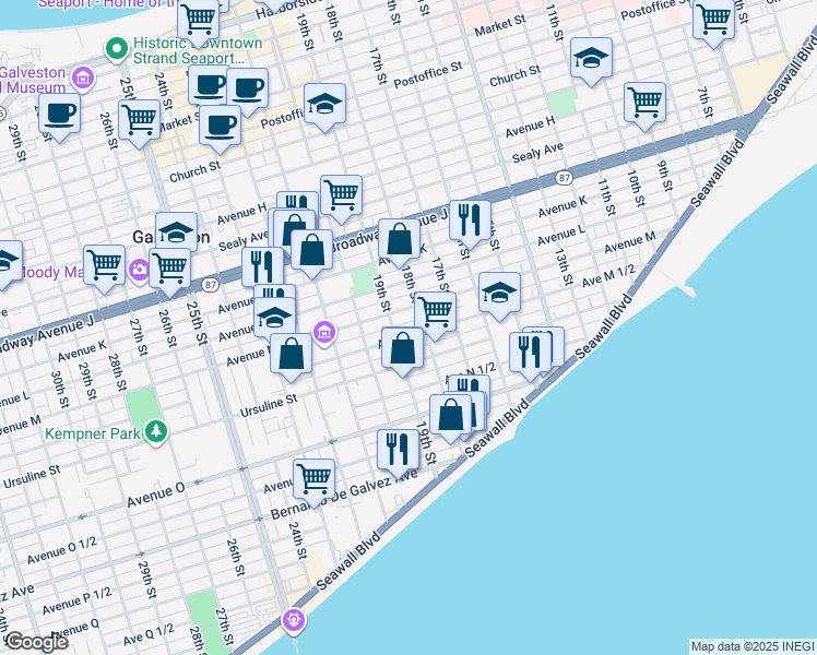 map of restaurants, bars, coffee shops, grocery stores, and more near 1801 1/2 Avenue M in Galveston